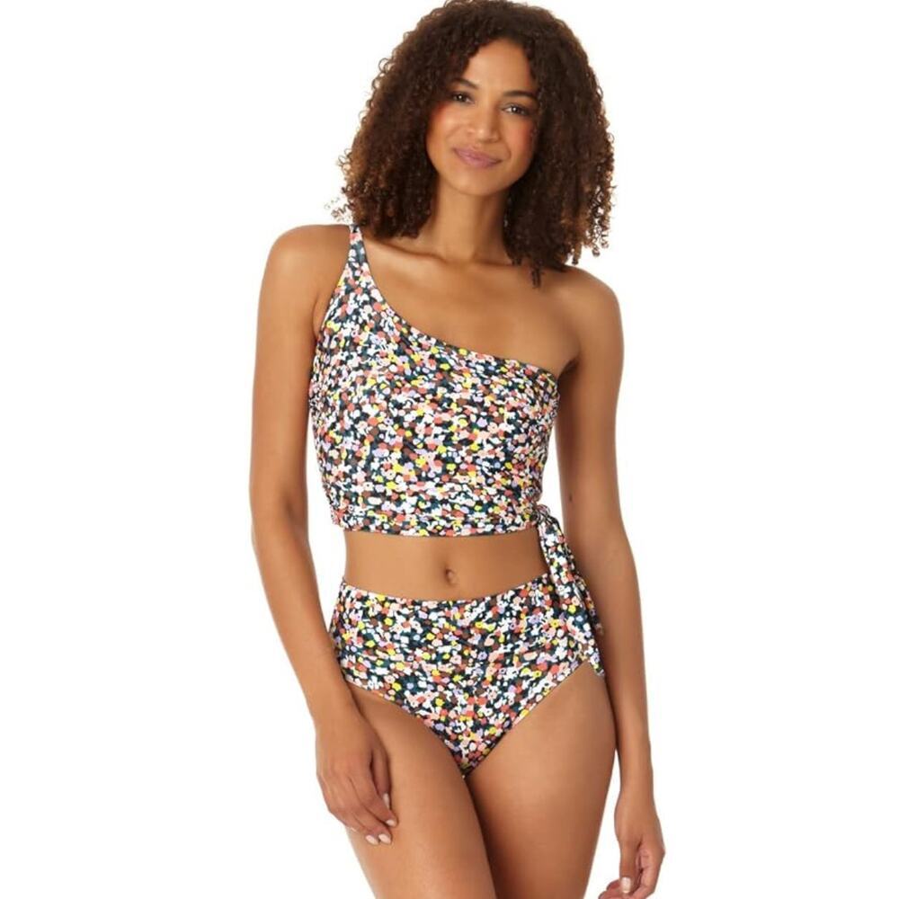 Anne Cole One-Shoulder Floral Print Bikini in Black, White, Pink, Yellow